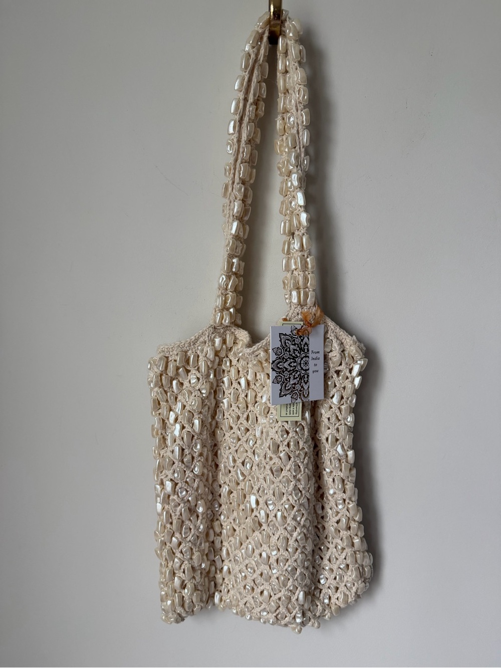 Viral beaded shell Cream Crochet Tote Bag